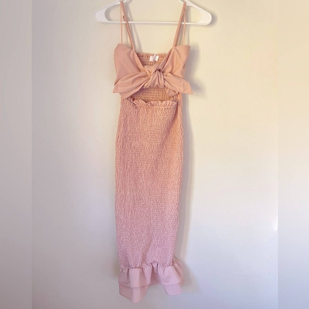 PinkBlush Mauve Gingham Print Smocked Fitted Self-Tie Maternity Midi Dress